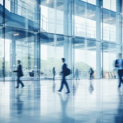 Long exposure shot of crowd of business people walking in bright office fast moving with blurry