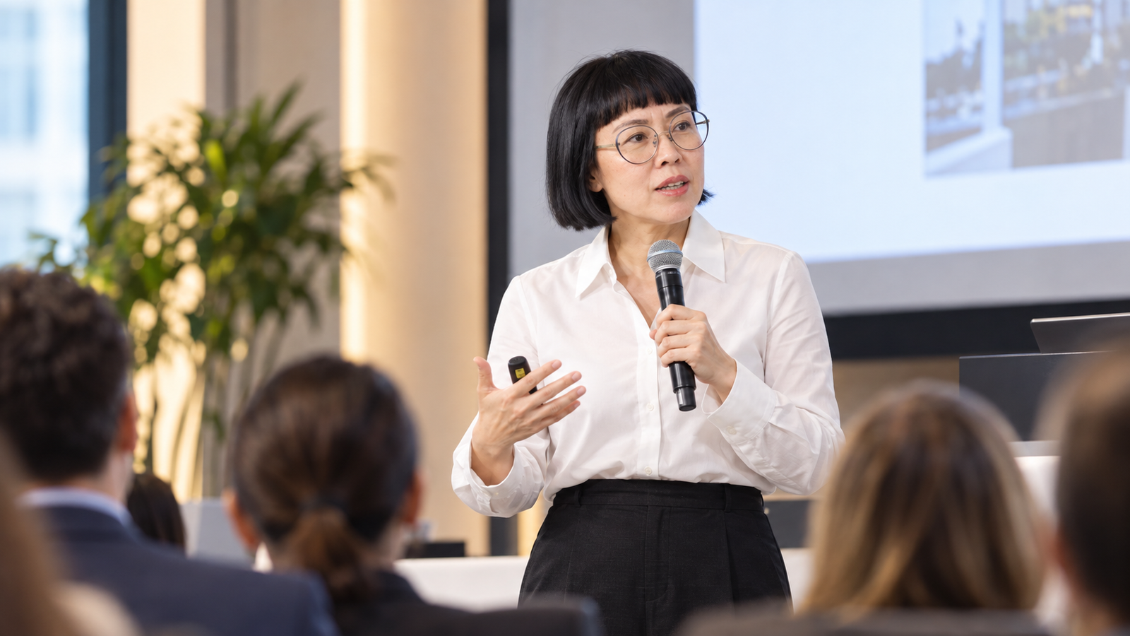 Conference workshop scene with a presenter and audience
